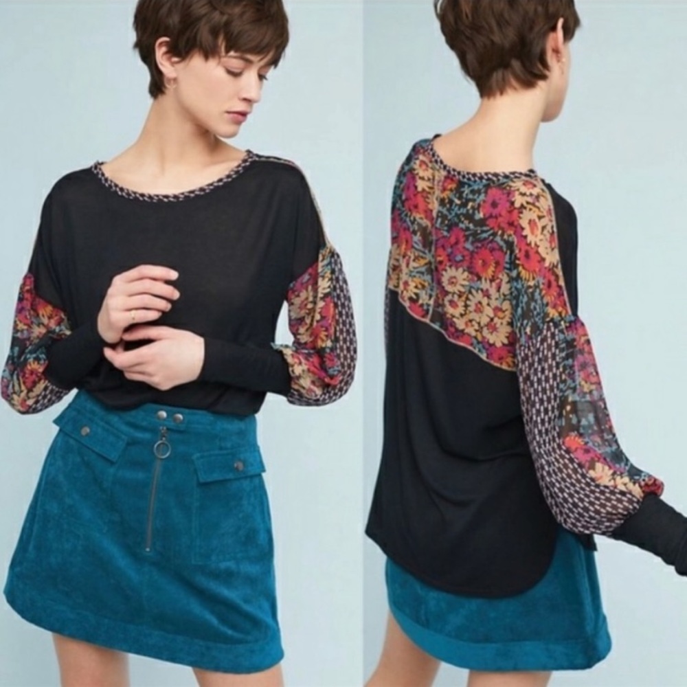 Anthropologie Tiny Raye Printed Top, sheer sleeves